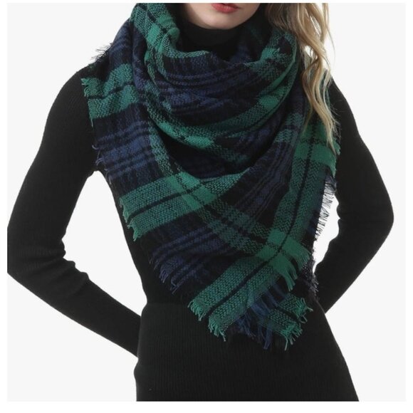 ModCloth Tartan Plaid Fringe Trim Blanket Scarf Green One Size Preppy Academia - Picture 1 of 14